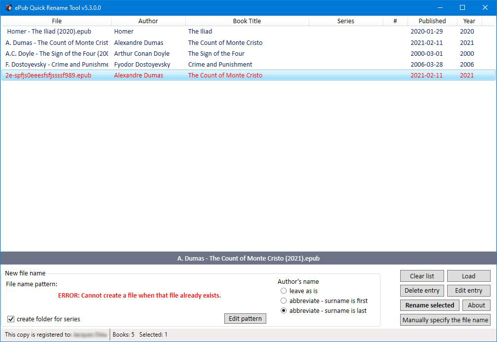 The program reports that an error occurred while renaming the file and displays an error description